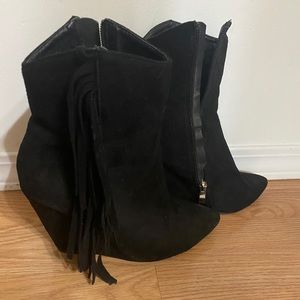 Black Fringe Wedge Boot suede bootie